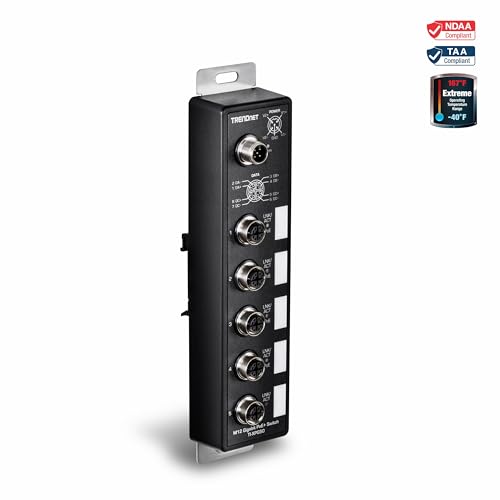 Image of TRENDnet 5-Port Industrial EN50155 M12 Gigabit PoE+ Railway Switch, TI-XPG50, 4 x M12 (X-Code) Gigabit PoE+ Ports, 1 x M12 (X-Code) Gigabit Port, 1 x M12 (A-Code) Power Port, Black