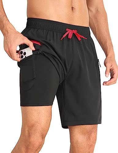 Nonwe Mens Swimming Trunks with Compression Liner 2 in 1 Stretchy Board Shorts with Zipper Pockets