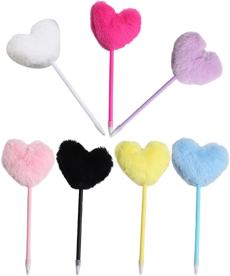TEHAUX Colorful Fluffy Ball Pen 7pcs: Heart Shape Pom Pom Pen - Cute Fuzzy Pens - 7 Color Fluffy Pens for Girls - Pom Pom Pens for Home School Office Use
