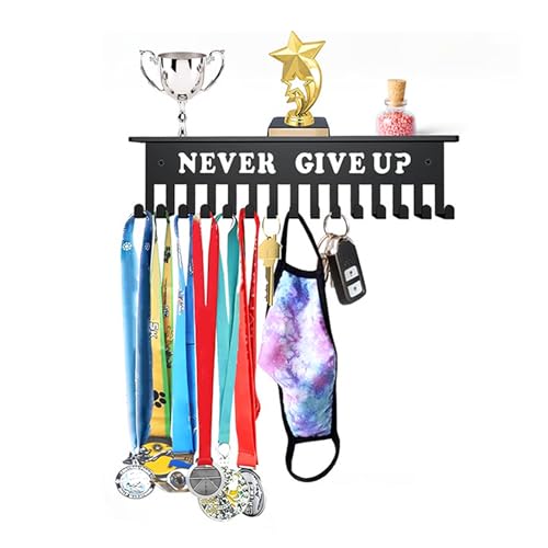 Medal Display Hanger with 15 Hooks, Medal Holder Display Hanger, Never Give Up, Wall Mount Steel Frame Over 90 Medals, Medal Hanger Display Holder Rack for Running Race, Soccer