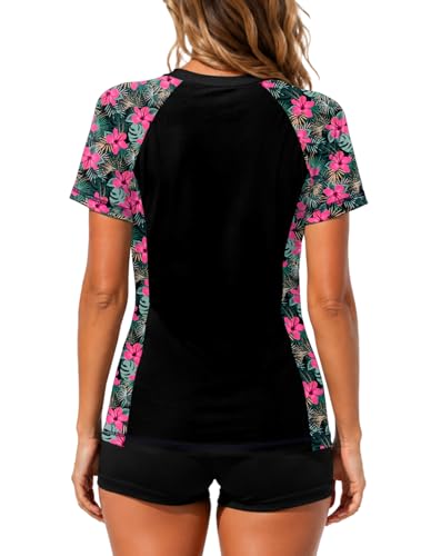 Image of AOBUTE Women Short Sleeve Rash Guard UPF 50+ Tropical Sun Protection Floral Swim Shirts
