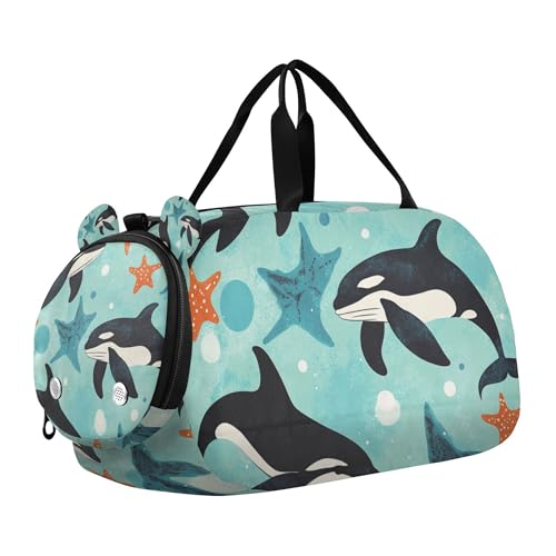 Glaphy Ocean Sea Sharks Green Duffle Bag for Toddler Boys Girls, Gym Sports Bag with Shoe Compartments, Kids Travel Overnight Weekender Shoulder Bag