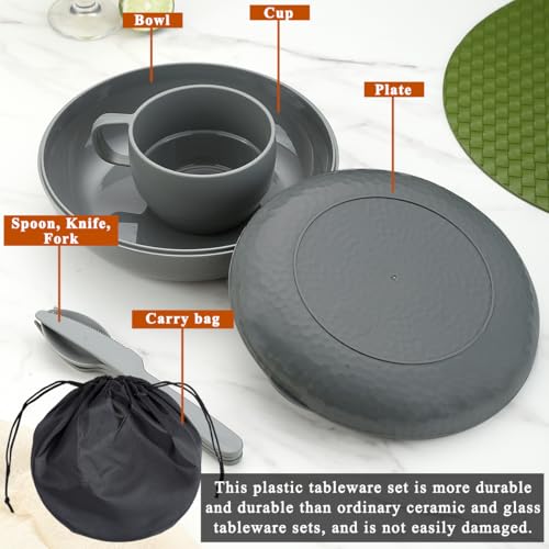 Berglander Camping Mess Set mit Schüssel, Teller, Tasse, Löffel, Gabel, Messer und Tragetasche, Campingzubehör Ausrüstung für Reisen, Picknick, einfach zu transportieren und zu reinigen (Grau) – Bild 5
