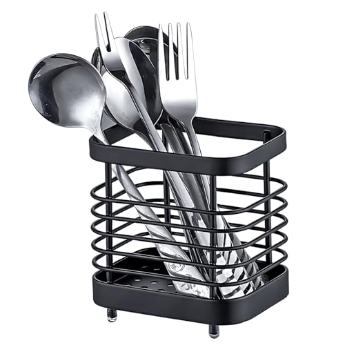 LAIPART Kitchen Sink Utensil Holder of Drying Rack, Small Stainless Steel Cutlery Drainer Caddy,Spoon and fork organizer (Black)
