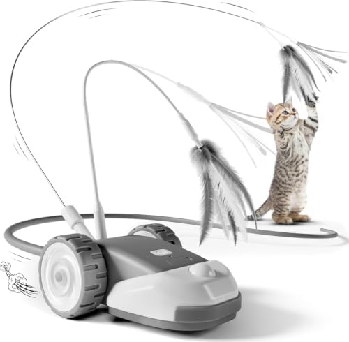 Casfuy 2-Speed Erratic Mouse Motion 3-in-1 Interactive Cat Toy with Feathers & Silicone Tail, Brown image 4