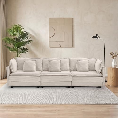 Image of Corduroy Sectional Couch, 3 Seater 113 inch Cloud Couch, Modular Deep Seat Sofa with Pillows for Living Room, Apartment, Beige
