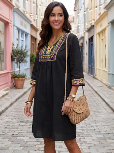 Image of LauraKlein Mexican Embroidered Dress for Women Plus Size Boho 3 /4 Sleeve Summer Dresses Fiesta V-Neck Casual Vacation Clothes