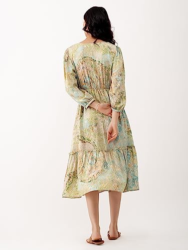 Image of AASK Abstract Printed Puff Sleeve Gathered Detailed Fit Flare Dress