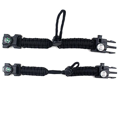 Pulseira de paraquedista trançada Alloet com bússola apito SOS luz LED, Preto, 235.00*23.00*15.00mm