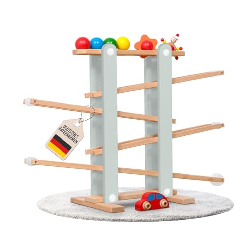 Pista de bolas estable L de madera verde, 7 lindos móviles como coche, flor, casper, bola, pista de canicas grande para niños, pista de carreras para bebés y niños pequeños, juguete de motricidad