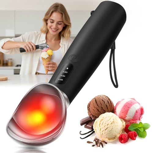 Ice Cream Scooper - Heated Ice Cream Scoop Rechargeable for 3-Temperatures (120F/140F/160F), One-Piece Zinc Alloy Design for Hard Ice Cream and Frozen Desserts - Black