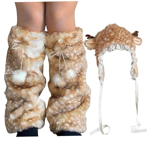 Chapeau en fourrure de cerf orné de dentelle et ses jambières artisanales pour femme