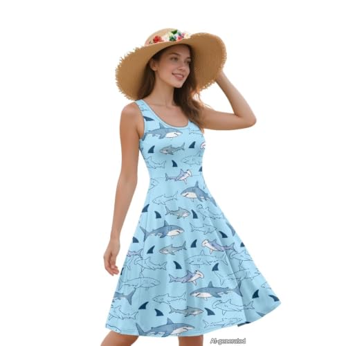Image of Women Stylish Tank Dresses Sleeveless Round Neck Midi Casual Dress with Pocket for Summer