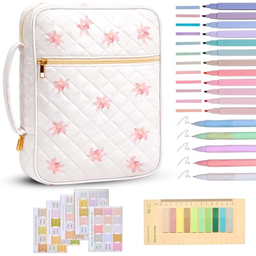 Tanolix Bible Bag for Women, Bible Cover Case with Study Supplies,Large Quilted Bible Bag with Handle and Zipper, Suitable for Christian Books-Christian Gift for Girls(Lily)