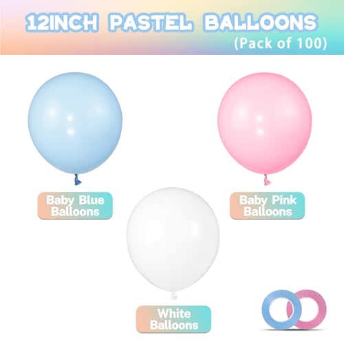 Image of Pink and Blue Balloons 100 Pack 12 inch Pastel Pink Blue White Latex Party Balloons with 65ft Ribbon for Gender Reveal Baby Shower Birthday Bridal Shower Wedding Party Decorations Supplies