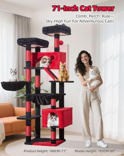 Image of Taoqimiao Gothic Cat Tree 71-Inch, Cat Tower for Indoor Cats Large Adult, Multi-Level Large Cat Condo, 8 Sisal Scratching Posts, Metal Frame Cozy Hammock, Scratch Board, 2 Top Perches, MS026LBR