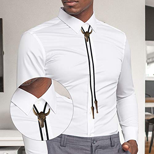Creative-Idea 2Pcs Bolo Necktie Bootlace Cowboy Tie Set 39Inches Leather Rope Cow Skull And Eagle Inlaid Stone Design Western Rodeo Theme Copper Color #TOP1
