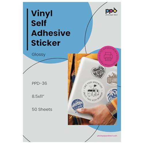 PPD Premium Printable Vinyl Sticker Paper for Inkjet Printer - 50 Sheets Glossy Sticker Paper 8.5 x 11 - Self-Adhesive, Waterproof, Tear Resistant, Instant Dry - PPD-36-50