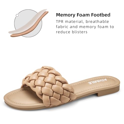 Image of ATHMILE Braided Sandals for Women, Open Toe Flat Summer Slides, Nude Sandal | Woven braided upper with round open toe design, lightweight flat style for beach trips, vacations, and summer outfits.