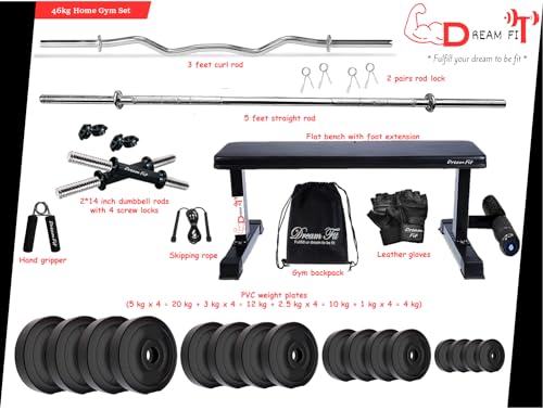 Image of DREAM FIT PVC Home Gym Set - 46 kg with 1 Flat Bench with Foot Extension, 3 ft Curling Rod, 5 ft Straight Rod, 1 Pair Dumbbell rods and Gym Accessories (46kg)