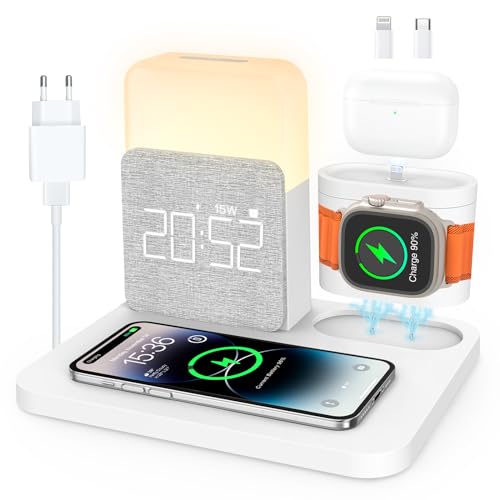 COLSUR 6 in 1 Wireless Charging Station, 18W Wireless Charger with Alarm Clock, Night