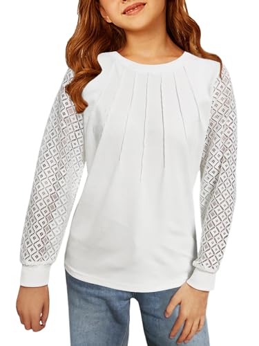 Girls Long Sleeve Shirts Casual Crewneck Blouses Tops Cotton Girls Shirts with Lace Sleeve Tunics 9-14 Years