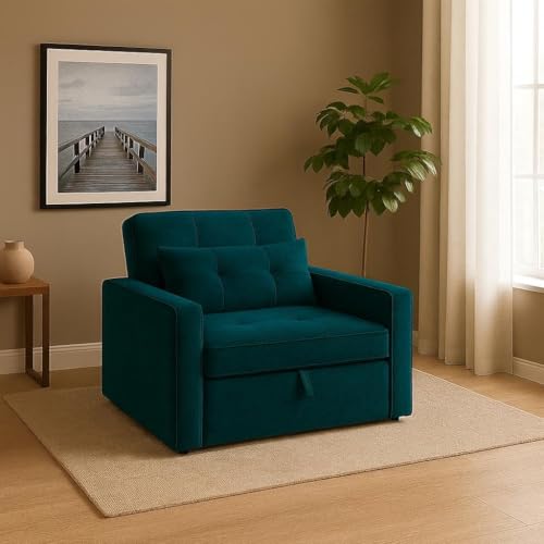 Image of CASASTYLE Trissa 1 Seater Fabric Pull-Out Sofa Cum Bed (Greenish Teal) Comfortable & Premium Velvet Finish