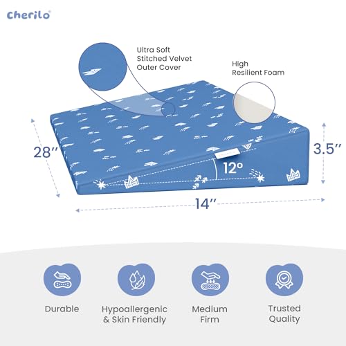 Image of Cherilo Full Size Elevated Wedge Baby Pillows for New Born, Pillow for Kids, Crib & Mattress, Prevents Acid Reflux, Colic, GERD, Heat Burn & Vomiting, 28 inch x 14 inch x 3.5 inch - with Cover, Star Design, Blue