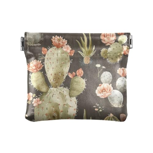 Watercolor Cactus Coin Purse Leather Pouch Change Purse, Squeeze Coin Pouch for Cards, Keys & Lipsticks, Unisex