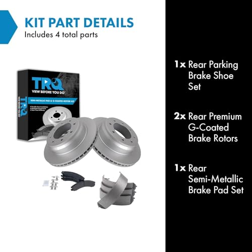 Image of TRQ Rear Brake Pad and Rotor Set Semi Metallic Coated Rotors Parking Shoe Compatible with 2012-2019 Nissan NV1500 2012-2019 NV2500 2012-2019 NV3500