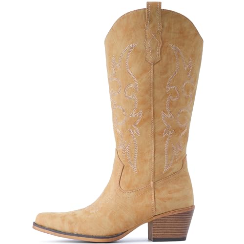 Image of IUV Cowboy Boots For Women Western Cowgirl Boots Mid Calf Snip Toe Boot With Chunky Heel