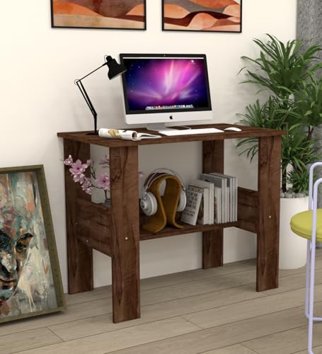 Image of Compact Study Desk with Storage Shelf, Brown Wood Finish, Space-Saving Home Office Table, 90x50x74 cm, DIY Assembly