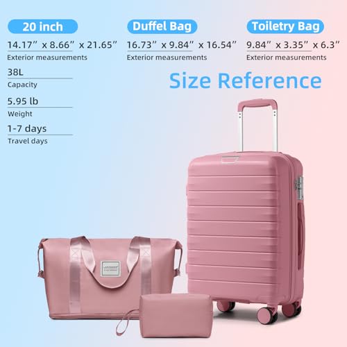 Image of LARVENDER Luggage Sets 3 Piece with Duffel Bag Hardside PP Carry On Suitcase with 360 Spinner Wheels TSA Lock Luggage Sets for Women, Pink