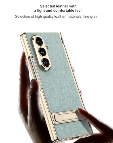 Image of Midkart Magnetic Case Compatible with Samsung Galaxy Z Fold 7 Release 2025 Hinge Protection Leather Cover with Stand Electroplated Camera Protection, Mint Green & Gold
