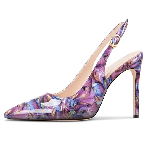 Aisicoo Womens Stiletto High Heel Pointed Toe Pumps Slingback Buckle Wedding Prom Party Dress Patent Leather Summer 3.9 Inches Heels