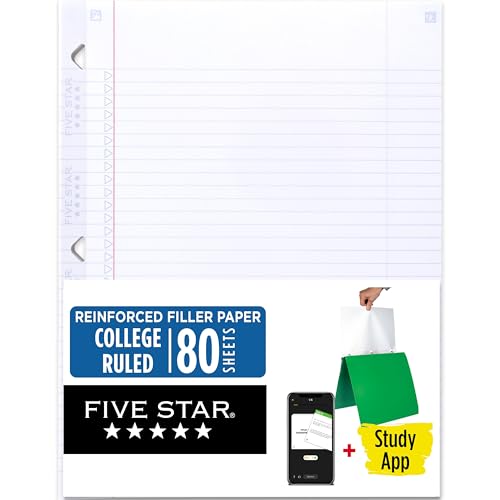 Five Star Loose Leaf Paper + Study App, College Ruled Filler Notebook Paper, Reinforced, Fights Ink Bleed, 8-1/2' x 11', 80 Sheets (170102)