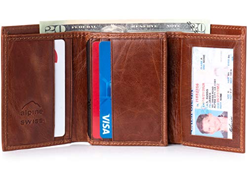 Mens Brown Trifold Wallet Extra Capacity 10 Inside Slots 2 ID Windows By Alpine Swiss