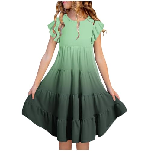 Teen Girls Gradient Casual Swing Dress Ruffle Sleeve Double Pleated Flowy Dresses Kids Short Knee Length Elegant Skirts