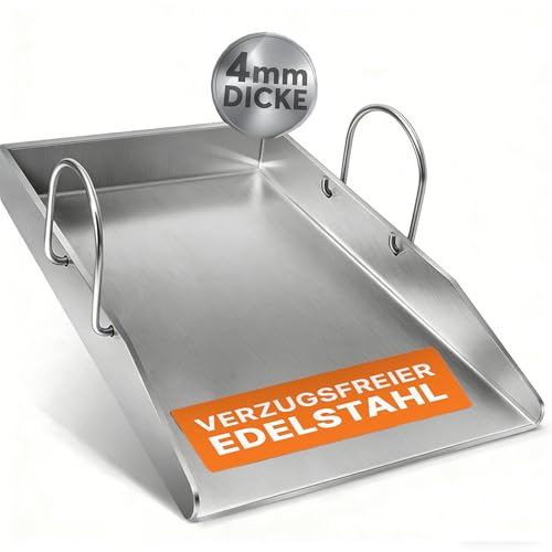Heimlyn Edelstahl Plancha Massive Grillplatte 40x30cm 4mm dicke Plancha Grillplatte für Gasgrill & Kohlegrill | 100% Edelstahl Plancha mit Griff Ölablassöffnung Edelstahlplatte