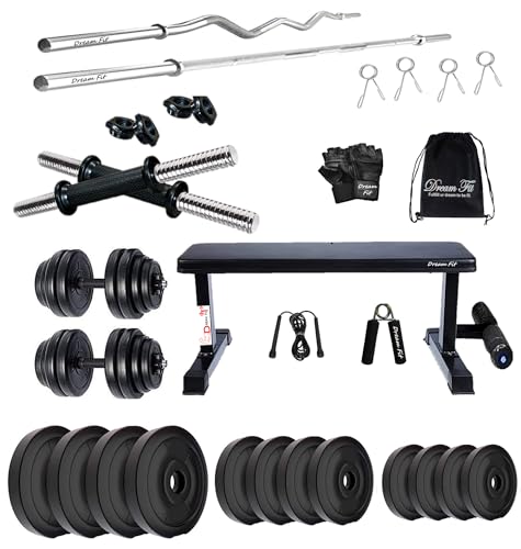 Image of DREAM FIT PVC Home Gym Set - 36 kg with 1 Flat Bench with Foot Extension, 3 ft Curling Rod, 5 ft Straight Rod, 1 Pair Dumbbell rods and Gym Accessories (36kg)