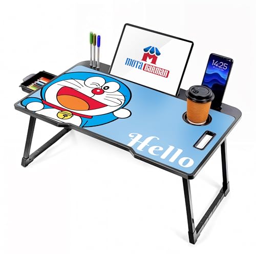 Image of Foldable Wooden Laptop Bed Tray Table, Multifunction Lap Tablet Desk with Cup Holder, for Eating Breakfast, Reading Book, Working, Watching Movie on Bed (Doremon)