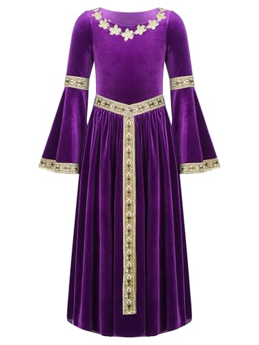 Robe médiévale fille violette aux manches évasées en velours maxi