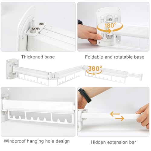 SWAWIS Kleiderstange Klappbar Wäscheständer Wandmontage Wäscheständer Ausziehbar Wäscheständer Wand Kleiderstange für Balkon, Wäsche, Badezimmer, Schlafzimmer, DREI Falten, Weiß