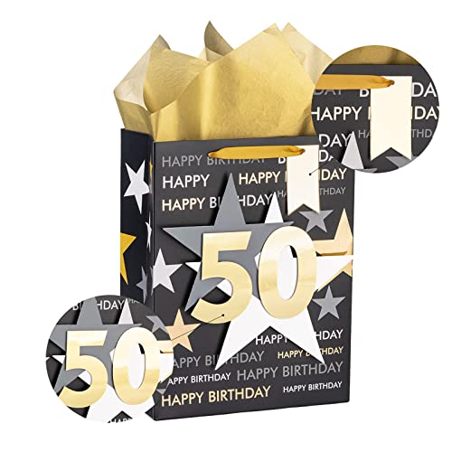 Image of Loveinside Birthday Gift Bag with Tissue Paper and Greeting Card for 50 Birthday - 13 inch x 10 inch x 5 inch, 1 Pcs, Black Gold