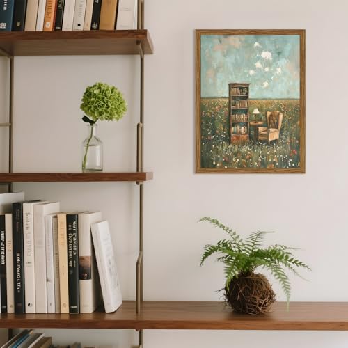 Image of Vintage Whimsical Book Lover Wall Art, Impressionist Flower Field Painting Decor, Rustic Book Nook Canvas Prints, Bookish Gifts French Country Artwork for Bedroom Living Room 16x12 inch Wood Framed