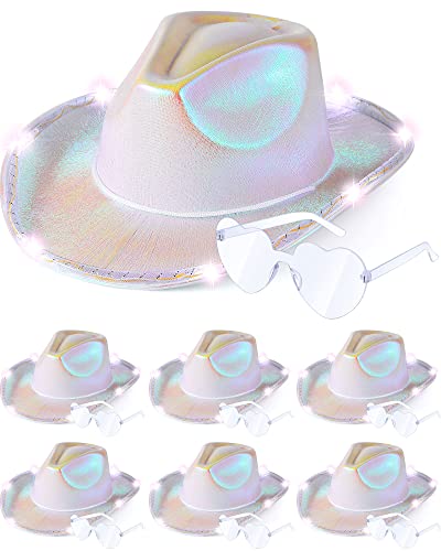 Jecery 12/24/36 Pcs Cowboy Light Up Hat Bulk and Heart Shape Sunglasses LED Holographic Space Cowgirl Hats for Women Wedding(12 Pcs)