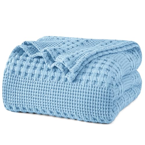 Image of PHF 100% Cotton Waffle Weave Blanket King Size for Bed, Soft Lightweight & Breathable for Spring and Summer, All-Season Comfort, Luxury Aesthetic Blanket for Home Decor, 108 inchx90 inch, Airy Blue
