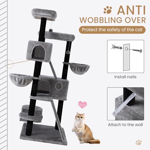 Image of SHA CERLIN 65in Larger Cat Tree Tower Condo for Indoor Kitties /Multi-Level Furniture Activity Center with Wide Base /Cozy Plush Perches /Baskets /Sisal Scratching Posts and Hammock /Black & Grey