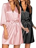 Ekouaer 2 Pack Silk Robes for Women Short Kimono Bathrobe Satin Bride Bridesmaid Robe Dressing Gown Loungewear