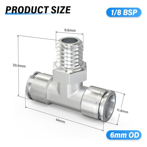TAILONZ PNEUMATIC 304 Stainless Steel Male Branch Tee 6mm Tube OD x 1/8 Inch BSP Thread Push to Connect Fittings PT6-01 (Pack of 2) - Image 2